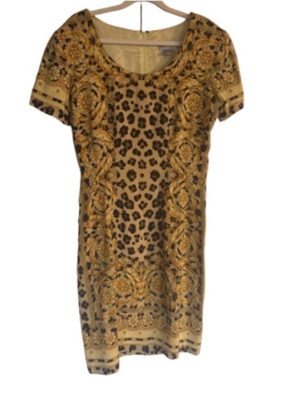 Bloomingdale's Gold and Black SILK Baroque Leopard Mini Dress vintage